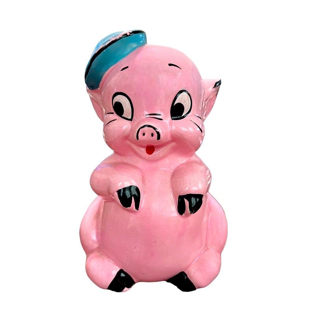 Vintage 6" Pink Pig Planter with Blue Beret 6x4"
